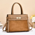 Classic brown two-tone top handle bag with suede finish and elegant gold twist lock hardware - Yellow
