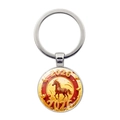 Llavero de metal 2026 año del caballo con motivo de caballo rojo y símbolos de suerte - Caballo de Crin Roja con Patrón de Campo de Trigo (Silver-5)