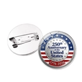 Front and back view of the US 250th Anniversary round metal pin badge with 1776-2026 dates - Stars and Stripes Anniversary Year Style (Silver)