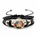 Black leather bracelet with 250th anniversary of USA commemorative charm and steel beads - Statue of Liberty and Flag Style (JY9673-1)