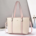 Minimalist large-capacity tote bag with off-white herringbone weave and pink leather straps - Pink