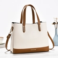 Minimalist large tote bag in beige and brown lychee grain leather with top handles - Off White