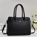 Chic black litchi leather handbag with gold lettering and heart stitching accents - Black