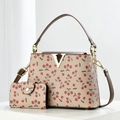 Beige bucket bag and wallet set with red cherry print and gold V metal hardware - Coffee