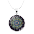 Close-up of circular yoga mandala pendant necklace with silver glass dome detail - Brilliant Geometric Mandala (JY0005-10)