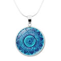 Vintage silver mandala pendant necklace with blue geometric pattern on a snake chain - Light Blue Retro Mandala (JY0005-8)