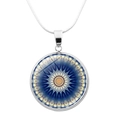 Close-up of circular yoga mandala flower pendant with a sleek silver snake chain - Dark Blue Geometric Pattern (JY0005-7)