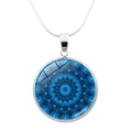 Detail of silver mandala pendant with intricate blue geometric art on a snake chain necklace - Blue Tone Art Mandala (JY0005-5)