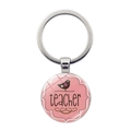 Portachiavi per insegnante in argento con cupola in vetro rosa e decoro uccellino - Stile Cartone Animato Uccello Rosa Insegnante (JY0036-11)