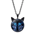 Detail of wolf head pendant with cat ears and blue glowing eyes on black metal chain - Black