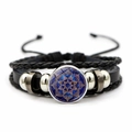Detail of multi-layer leather bracelet with blue mandala glass dome and metallic beads - Blue Gold Mandala (JY0078-9)