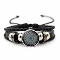 Detail of multi-layer leather braid and colorful mandala glass charm on the bracelet - Retro Colorful Mandala (JY0078-10)
