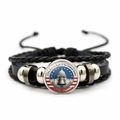 Braided leather bracelet with US 250th Anniversary glass dome and patriotic charms - Capitol and Liberty Bell Style (JY9673-4)