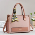 Retro minimalist pink patchwork tote bag with silk scarf charm and detachable strap - Pink