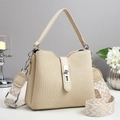 Sac seau élégant en tissu crème texturé avec bandoulière jacquard géométrique - Blanc Cassé