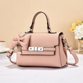 Pink lychee grain leather tote bag with metallic buckle and decorative pearl bow - Pink