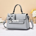 Grey pebbled leather handbag with decorative bow and pearl charm for women - Blue