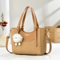 Contrast woven bucket bag with brown leather trim and cute plush ball charm - 22cmx19cmx10cm / Earthy Yellow