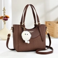 Brown herringbone bucket bag with leather panel and cute white plush ball charm - 22cmx19cmx10cm / Coffee