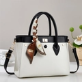 Chic black and white color-block tote bag with lychee texture and silk scarf handle - Off White