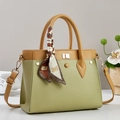 Olive green and brown leather tote bag with gold lock and decorative fashion scarf - Green