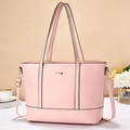 Chic pink leather tote bag with gold metal plate and adjustable long shoulder strap - Pink