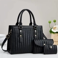 Black woven leather 3-piece bag set with large tote, crossbody pouch, and card holder - Black