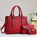 Three-piece red woven faux leather handbag set with gold rivets and adjustable strap - Red
