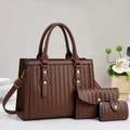 Brown woven leather 3-piece bag set with tote, pouch and card holder on white table - Brown