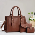 Three-piece brown woven tote set including a handbag, clutch, and wallet with gold rivets - Earthy Yellow