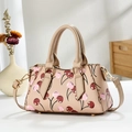 Minimalist beige cherry print crossbody bag with gold hardware and top handles - Dark Khaki