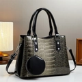 Sac à main chic texture crocodile avec finitions vernies et porte-monnaie rond suspendu - Kaki