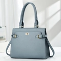 Gray-blue lychee pattern leather tote bag with golden twist lock for daily commuting - Grey Blue