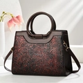 Borsa vintage marrone scuro con goffratura floreale rossa e manici rotondi - Bordeaux