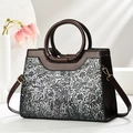 Vintage dark brown handbag with floral texture and stylish silver embossed panels - White