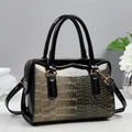 Elegant black patent leather Boston bag with gold crocodile texture and top handles - Khaki