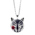 Detail of silver wolf and rose pendant with cat ear design on a long metal chain - Silver