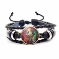 Close-up of wolf totem leather bracelet with hand-woven rope and adjustable drawstring - Artistic Painted Double Wolves (JY00329-9)