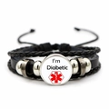 Close-up of leather medical alert bracelet with I'm Diabetic text and Star of Life symbol - I'm Diabetic (JY00358-6)