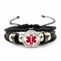 Close-up of leather medical alert bracelet with Type 2 Diabetes Star of Life glass charm - Medical Alert Diabetes Type 2 (JY00358-8)