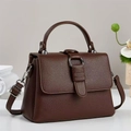 Minimalist brown litchi pattern crossbody bag with round buckle and top handle - Coffee