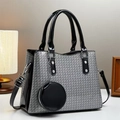 Détail du sac tissé argenté avec bordure en cuir verni noir et pochette circulaire - Gris
