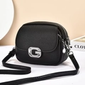 Black pebbled leather crossbody bag with silver crystal G buckle and layered zippers - Silver Metal G Buckle Rhinestone Style (6022)