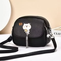 Chic black litchi leather crossbody bag with cartoon bear print and silver metal tassels - White Bear Print Tassel Style (6022)