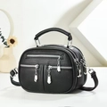 Retro multi-zipper camera bag in black litchi PU leather with adjustable shoulder strap - Black
