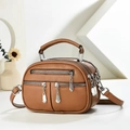 Minimalist multi-zipper vintage camera bag in brown lychee grain leather with silver hardware - Brown