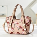 Minimalist cream shoulder bag with red cherry print and golden hardware details - Light Khaki