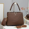 Brown lychee leather handbag with golden V logo, small pouch and crossbody strap - Coffee