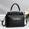 Elegant black lychee grain leather tote bag with silver twist lock and adjustable strap - Black