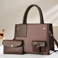 Two-piece contrast tote bag set in brown leather and twill fabric for women - Coffee